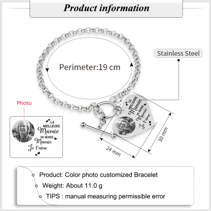 À Mamie - Bracelet en acier inoxydable avec pendentif cœur Photo Personnalisée Cadeau pour Mamie | Jessemade