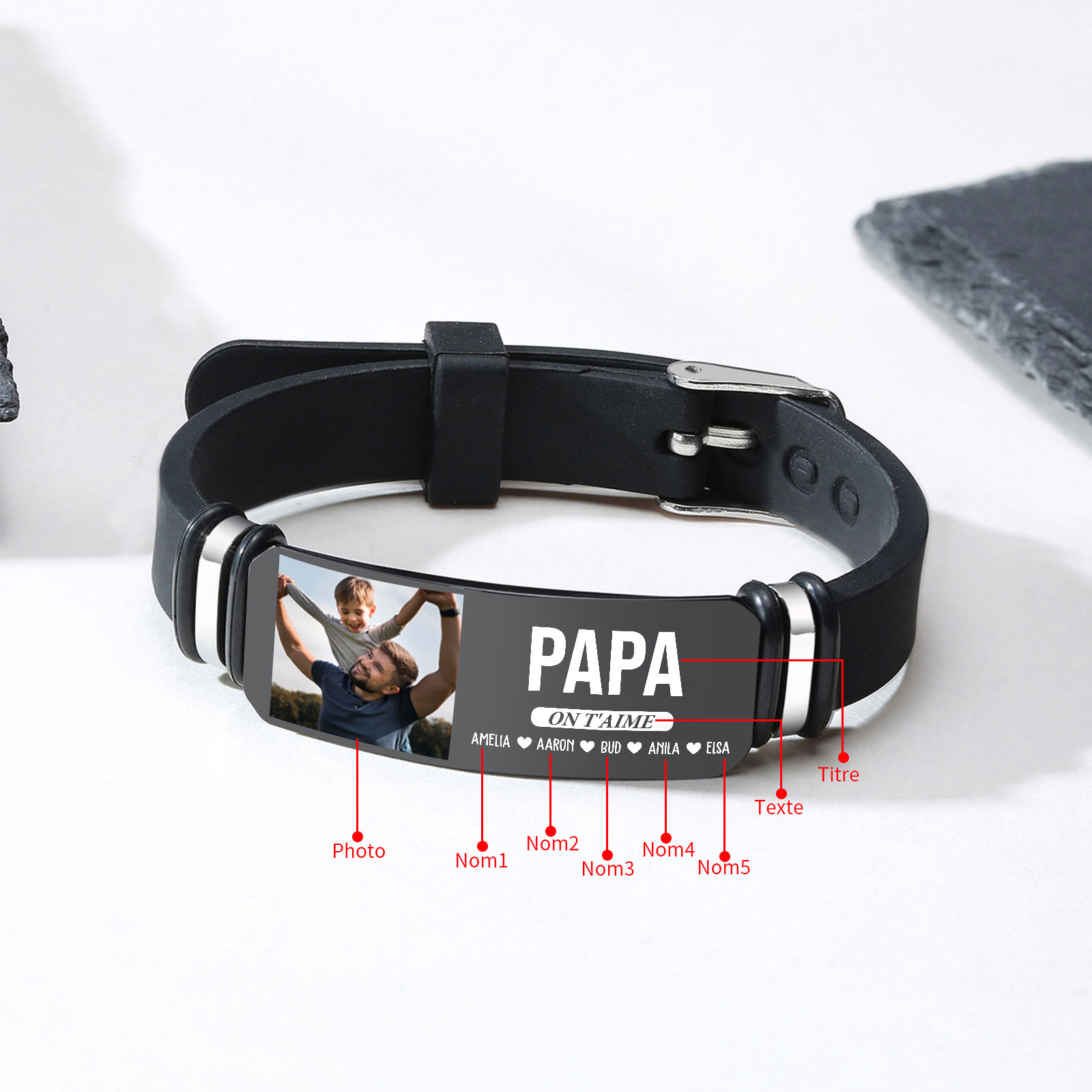 À Papa - Bracelet Homme Photo Personnalisée avec 5 Prénoms et Texte Bracelet Personnalisé Cadeau pour Papa/Papi | Jessemade