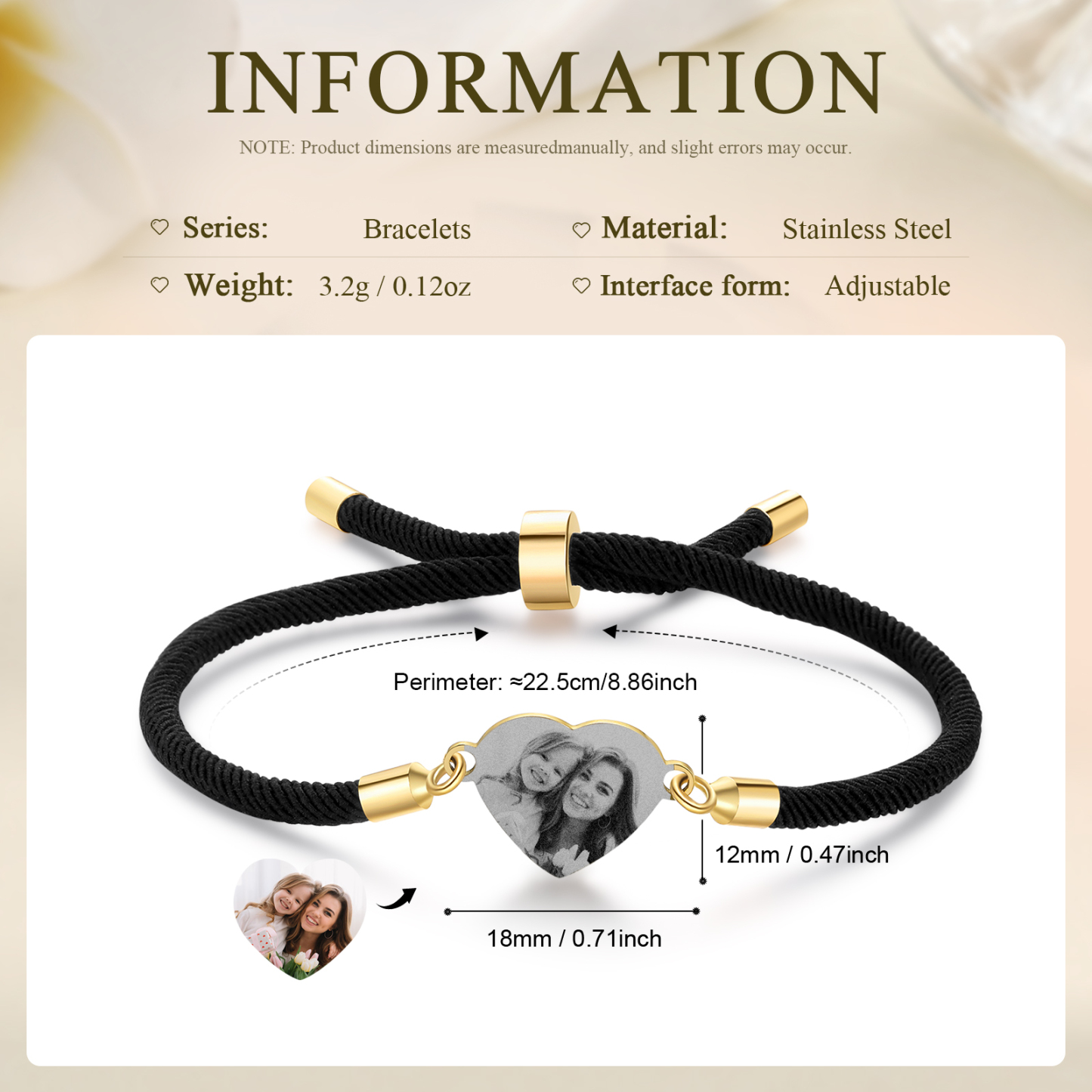 Bracelet Photo Personnalisée Avec Médaillon Coeur Blanc Rose et Noir Bracelet Personnalisable | Jessemade