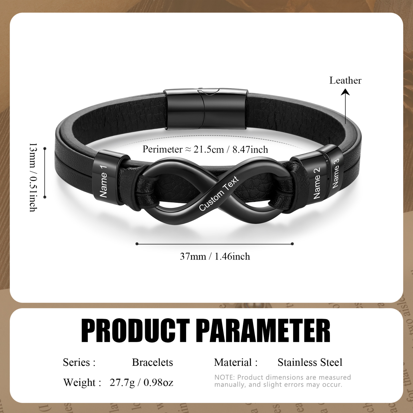 Bracelet Homme en cuir et acier inoxydable 3 Prénoms Personnalisés avec Texte Bracelet pour Homme|Jessemade