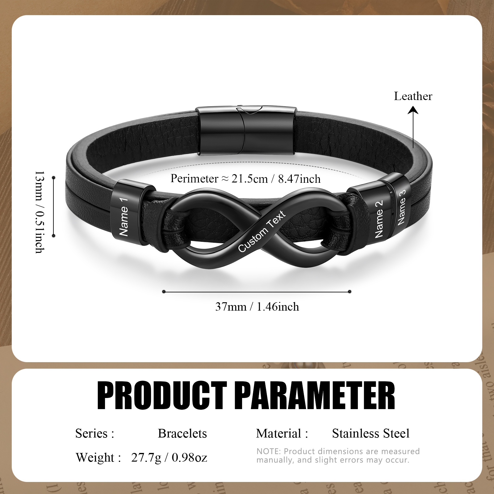Bracelet Homme en cuir et acier inoxydable 3 Prénoms Personnalisés avec Texte Bracelet pour Homme|Jessemade