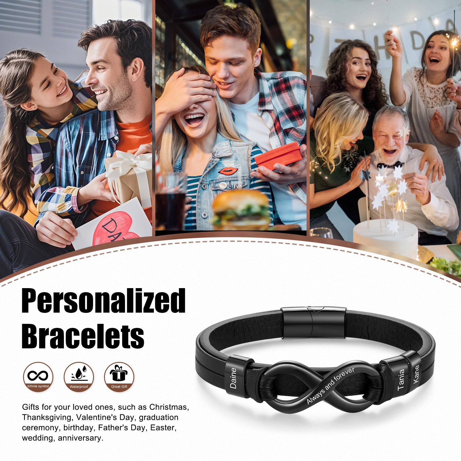 Bracelet Homme en cuir et acier inoxydable 3 Prénoms Personnalisés avec Texte Bracelet pour Homme|Jessemade