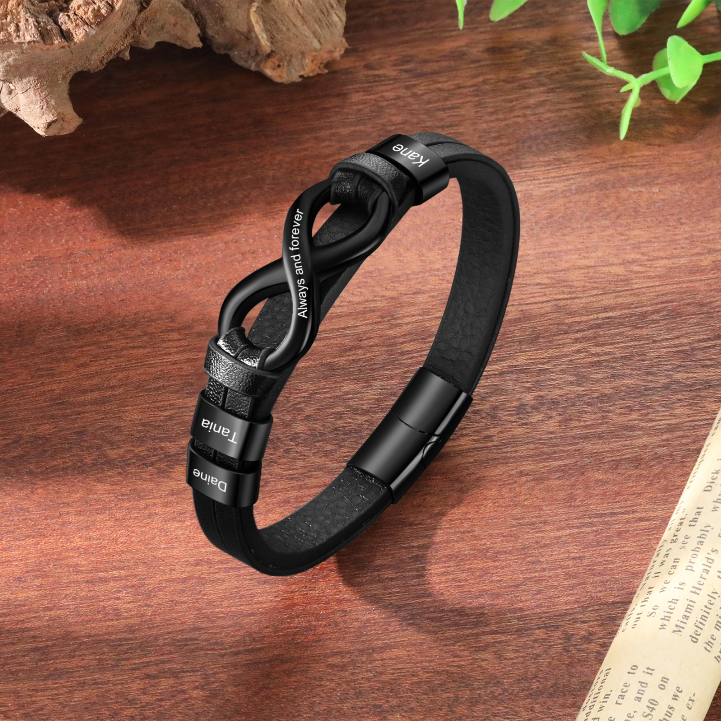 Bracelet Homme en cuir et acier inoxydable 3 Prénoms Personnalisés avec Texte Bracelet pour Homme|Jessemade