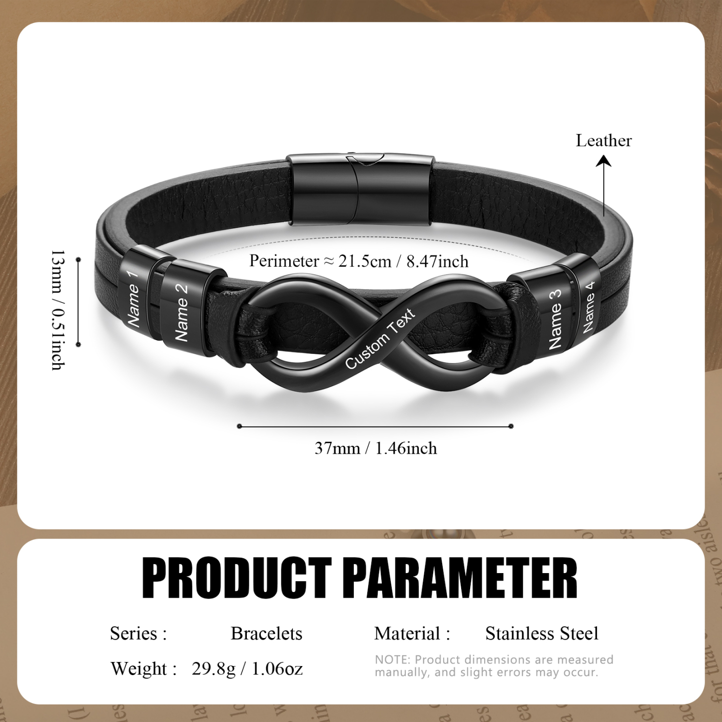 Bracelet Homme en cuir et acier inoxydable 4 Prénoms Personnalisés avec Texte Bracelet pour Homme|Jessemade