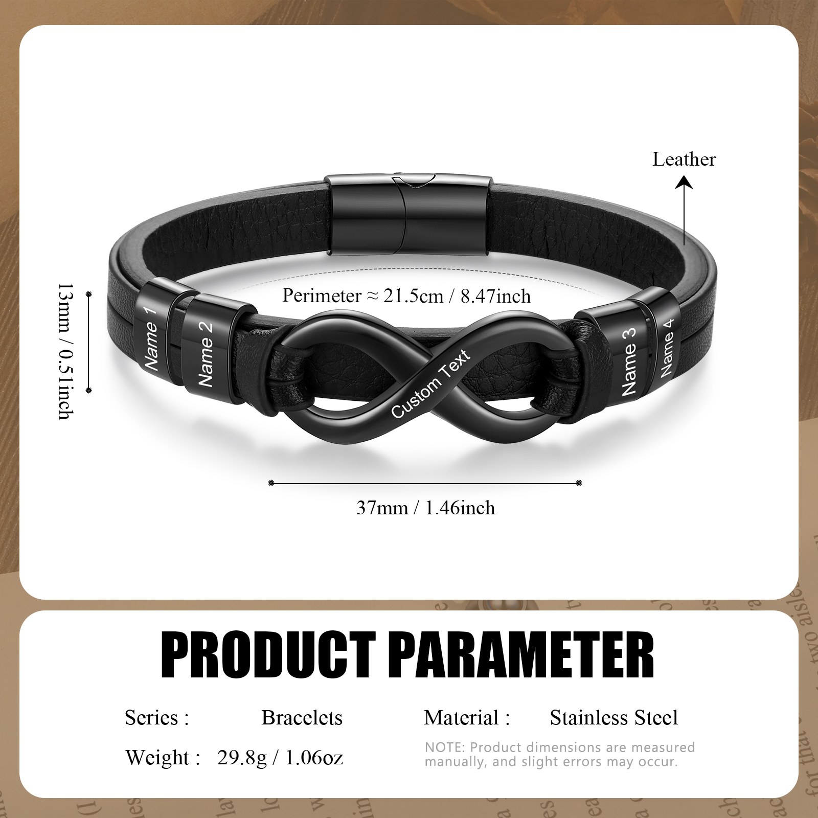 Bracelet Homme en cuir et acier inoxydable 4 Prénoms Personnalisés avec Texte Bracelet pour Homme|Jessemade