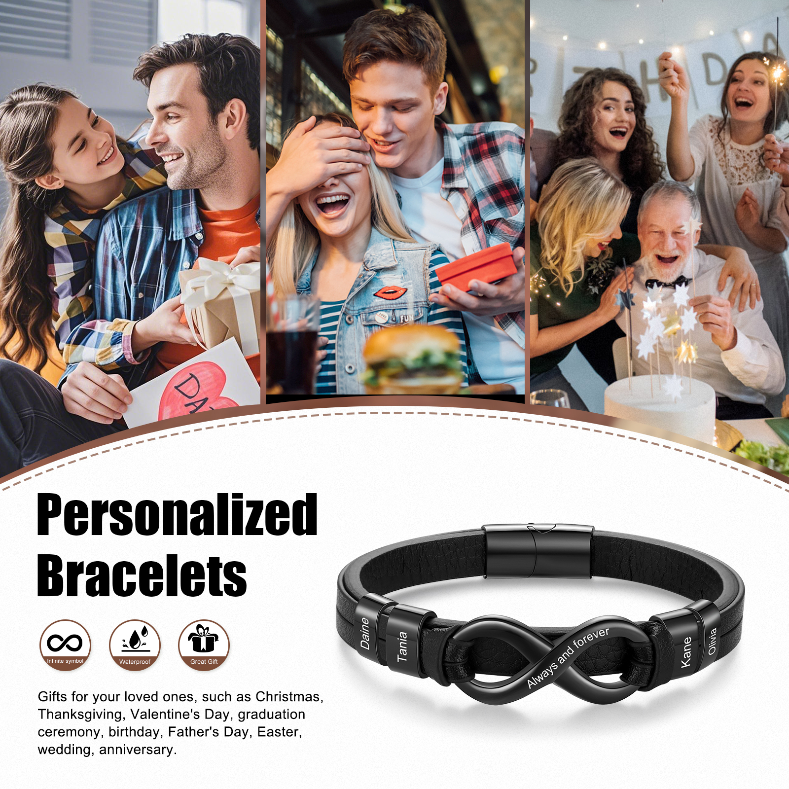 Bracelet Homme en cuir et acier inoxydable 4 Prénoms Personnalisés avec Texte Bracelet pour Homme|Jessemade