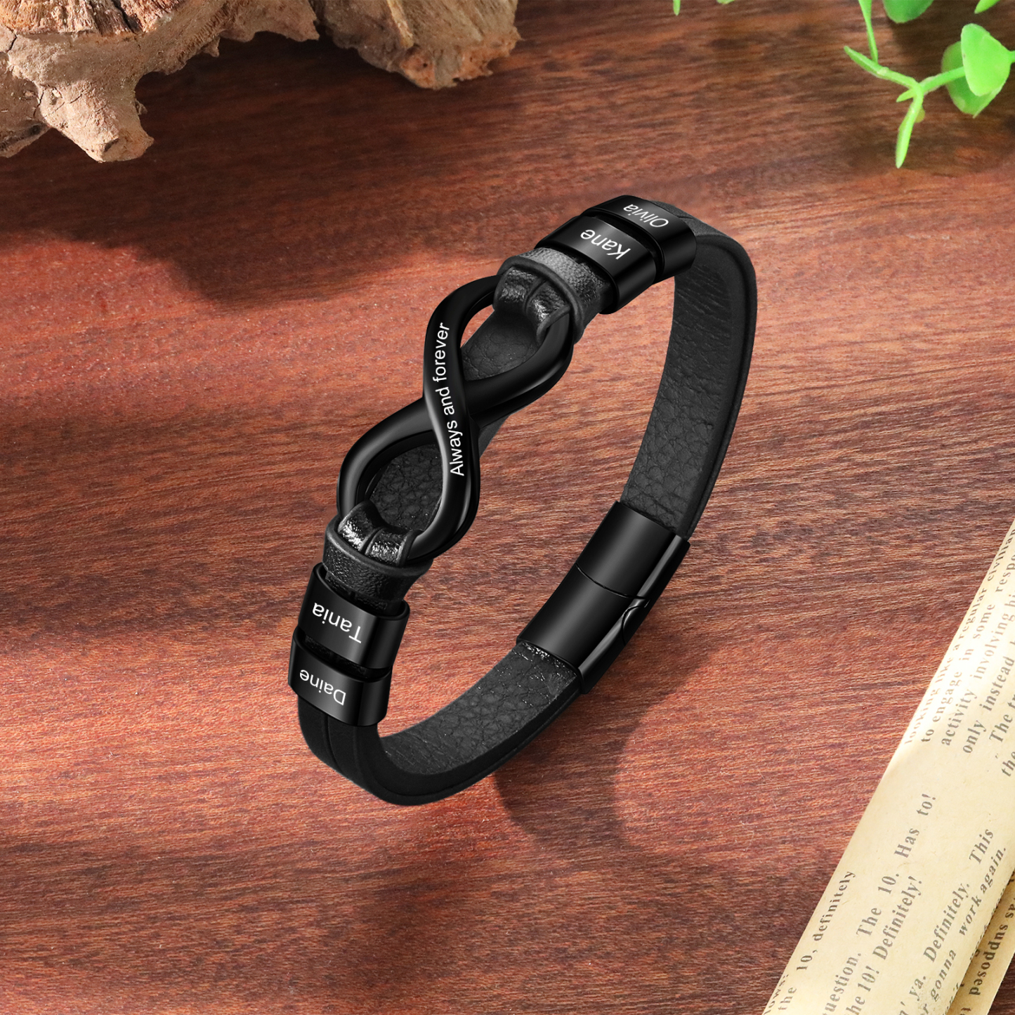 Bracelet Homme en cuir et acier inoxydable 4 Prénoms Personnalisés avec Texte Bracelet pour Homme|Jessemade
