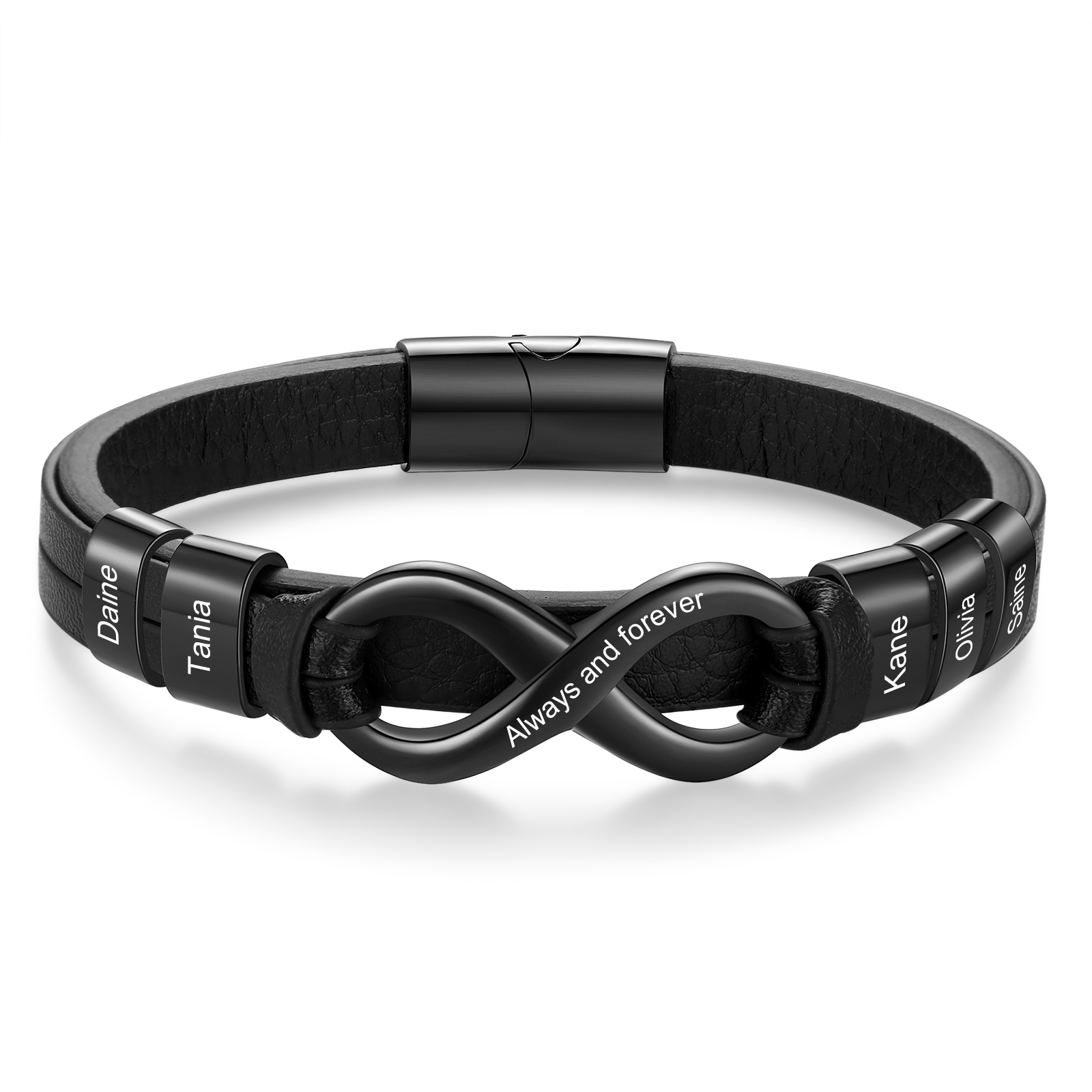 Bracelet Homme en cuir et acier inoxydable 5 Prénoms Personnalisés avec Texte Bracelet pour Homme｜Jessemade