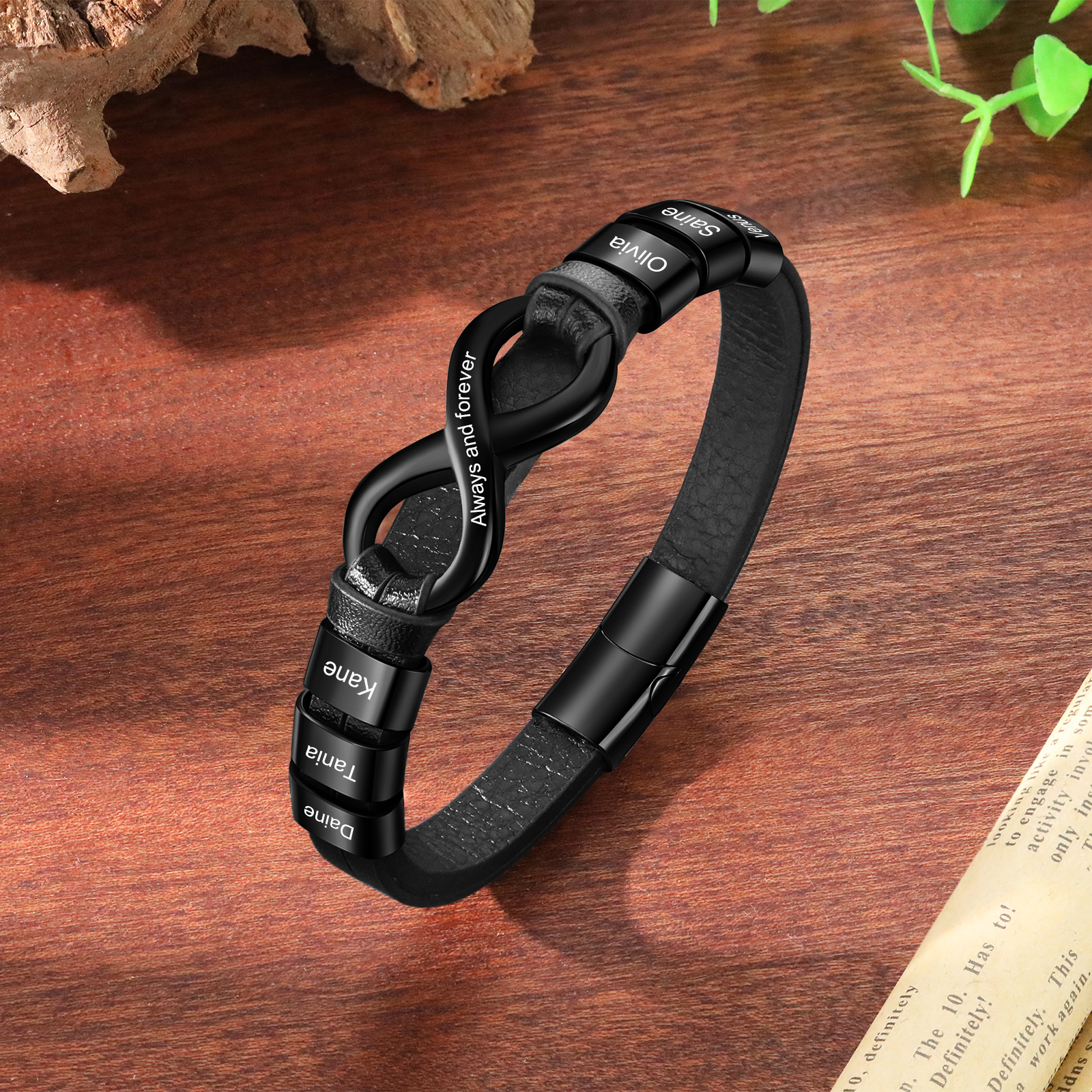 Bracelet Homme en cuir et acier inoxydable 6 Prénoms Personnalisés avec Texte Bracelet pour Homme｜Jessemade
