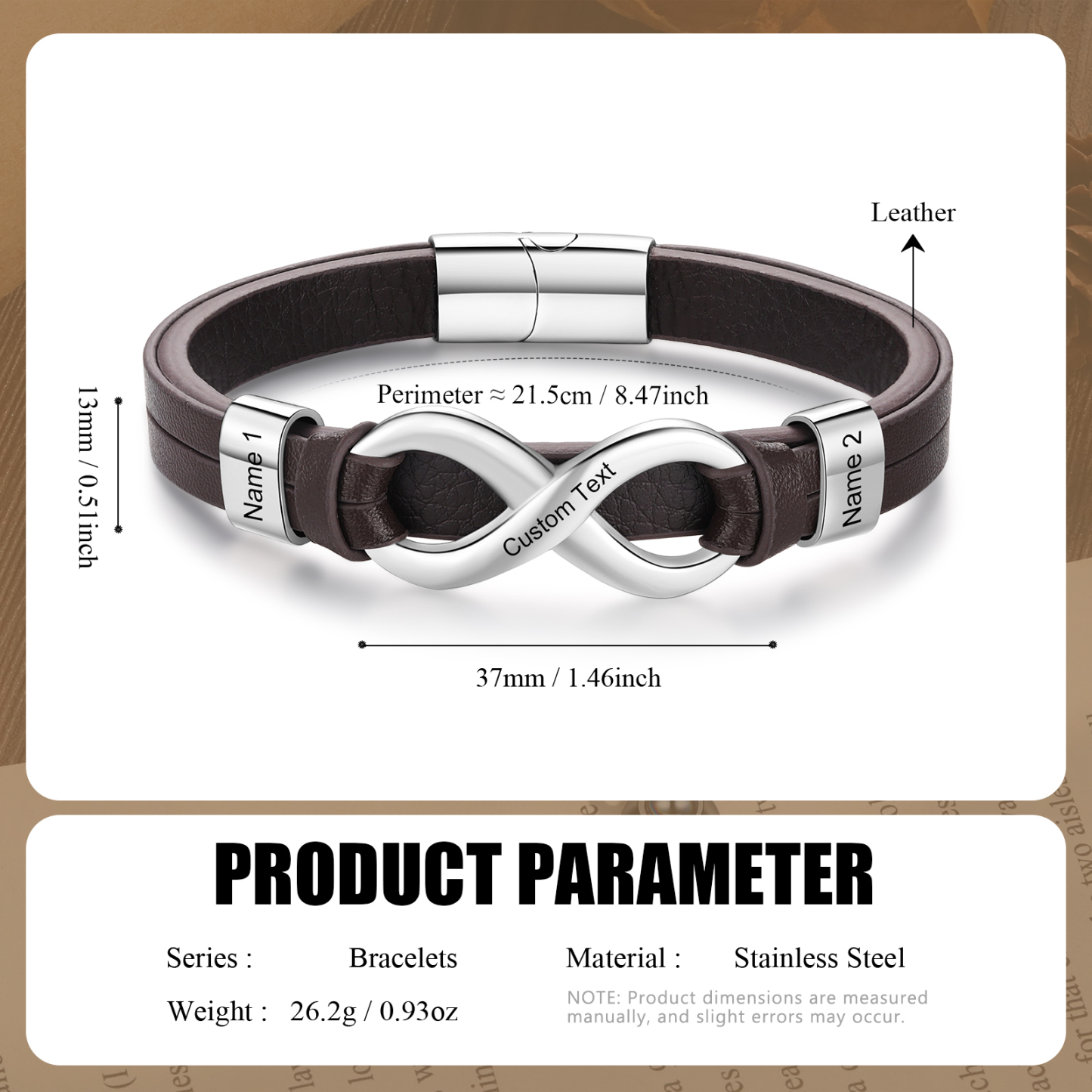Bracelet Homme en cuir et acier inoxydable 2 Prénoms Personnalisés avec Texte Bracelet pour Homme｜Jessemade