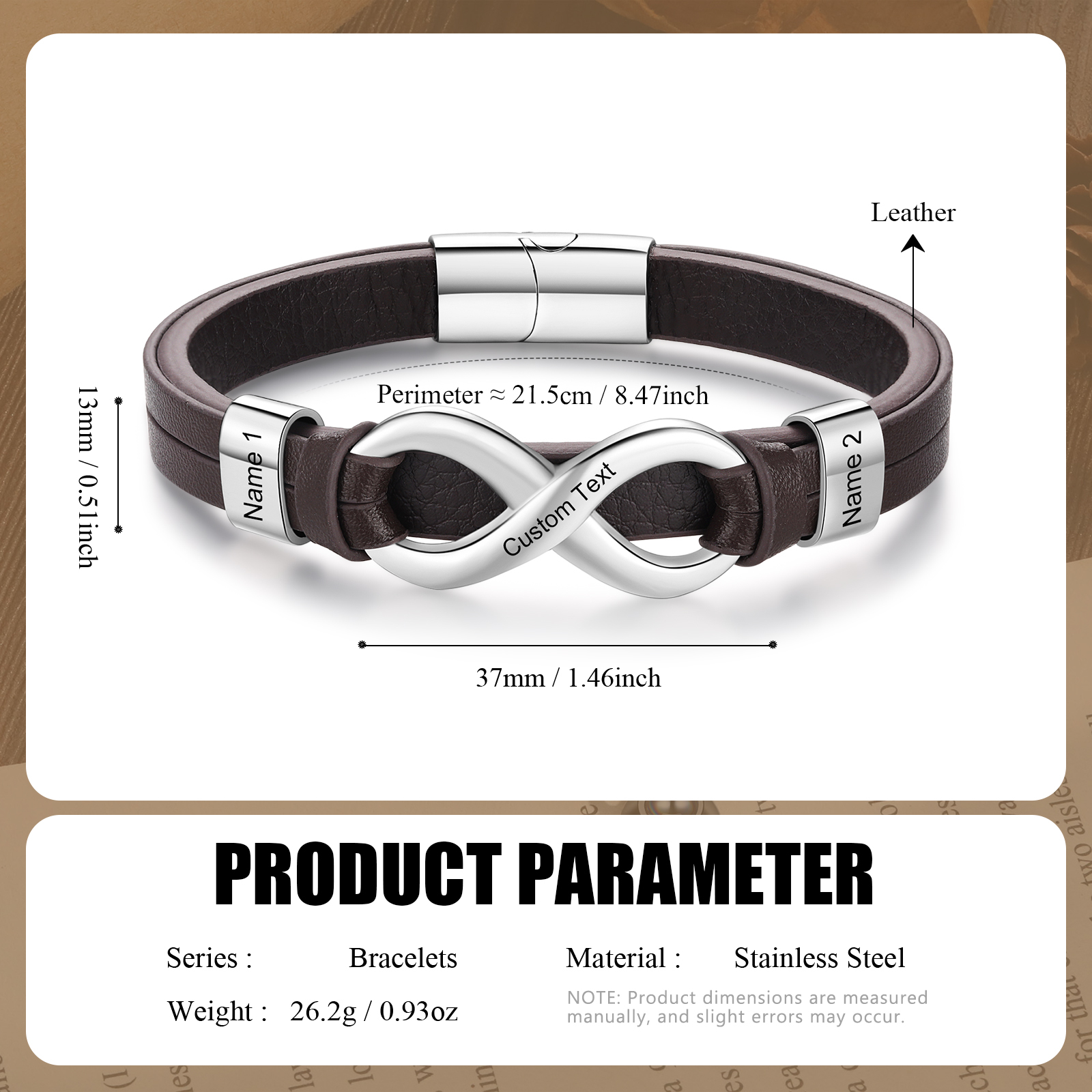 Bracelet Homme en cuir et acier inoxydable 2 Prénoms Personnalisés avec Texte Bracelet pour Homme｜Jessemade