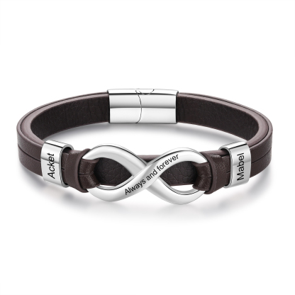 Bracelet Homme en cuir et acier inoxydable 2 Prénoms Personnalisés avec Texte Bracelet pour Homme｜Jessemade