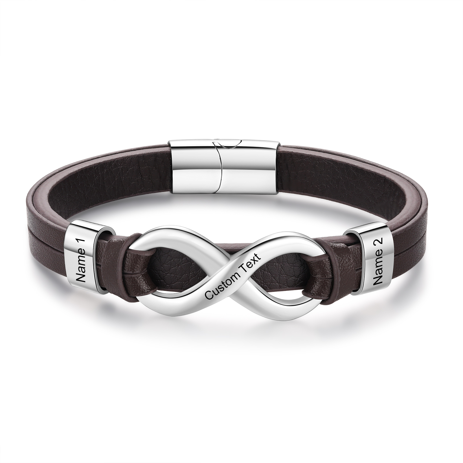 Bracelet Homme en cuir et acier inoxydable 2 Prénoms Personnalisés avec Texte Bracelet pour Homme｜Jessemade