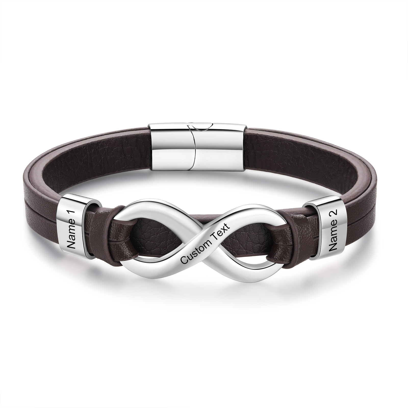 Bracelet Homme en cuir et acier inoxydable 2 Prénoms Personnalisés avec Texte Bracelet pour Homme｜Jessemade