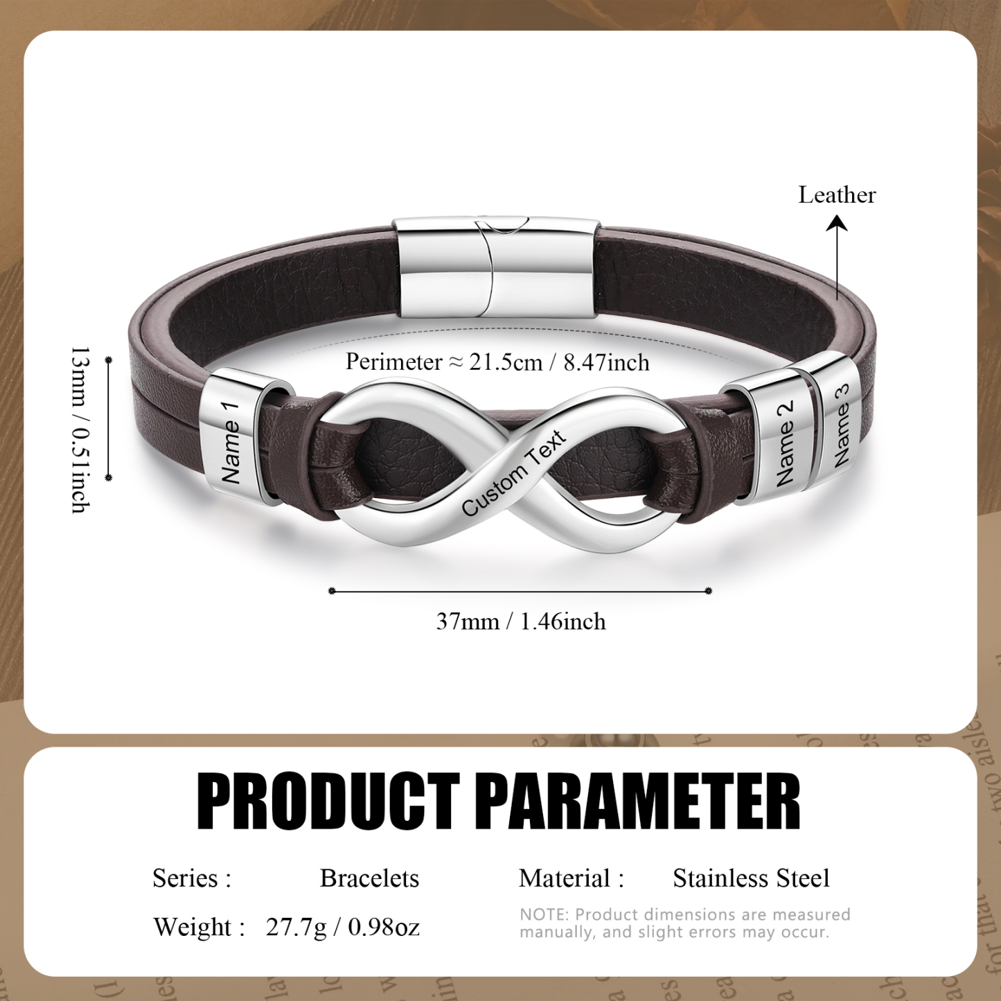 Bracelet Homme en cuir et acier inoxydable 3 Prénoms Personnalisés avec Texte Bracelet pour Homme|Jessemade