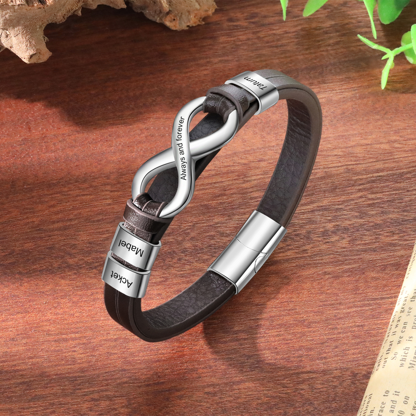 Bracelet Homme en cuir et acier inoxydable 3 Prénoms Personnalisés avec Texte Bracelet pour Homme|Jessemade