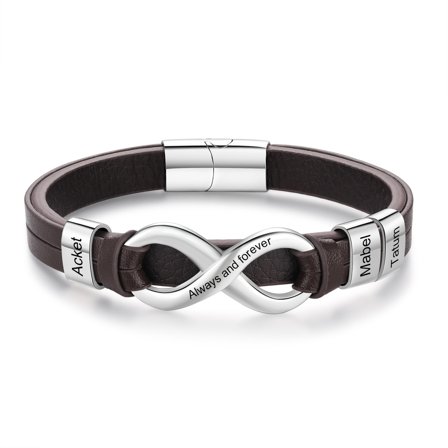 Bracelet Homme en cuir et acier inoxydable 3 Prénoms Personnalisés avec Texte Bracelet pour Homme|Jessemade