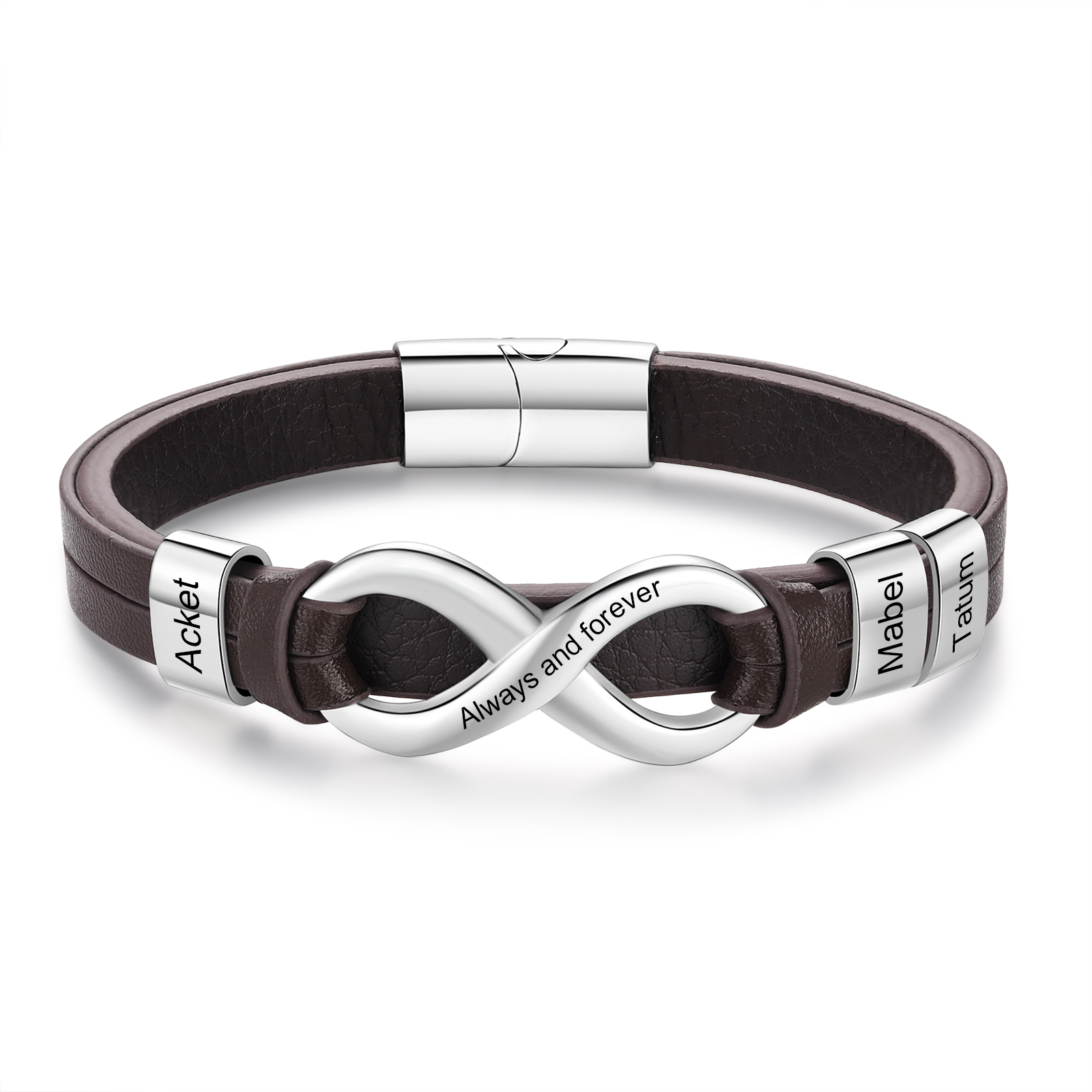 Bracelet Homme en cuir et acier inoxydable 3 Prénoms Personnalisés avec Texte Bracelet pour Homme|Jessemade