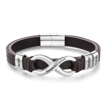 Bracelet Homme en cuir et acier inoxydable 3 Prénoms Personnalisés avec Texte Bracelet pour Homme｜Jessemade