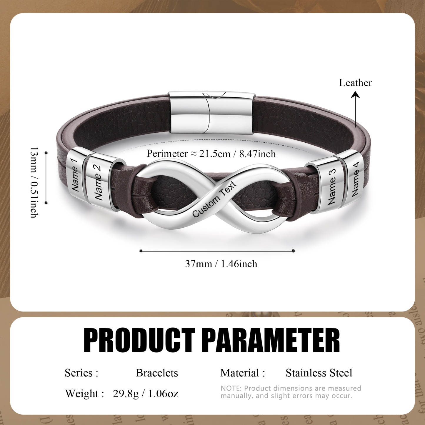 Bracelet Homme en cuir et acier inoxydable 4 Prénoms Personnalisés avec Texte Bracelet pour Homme|Jessemade