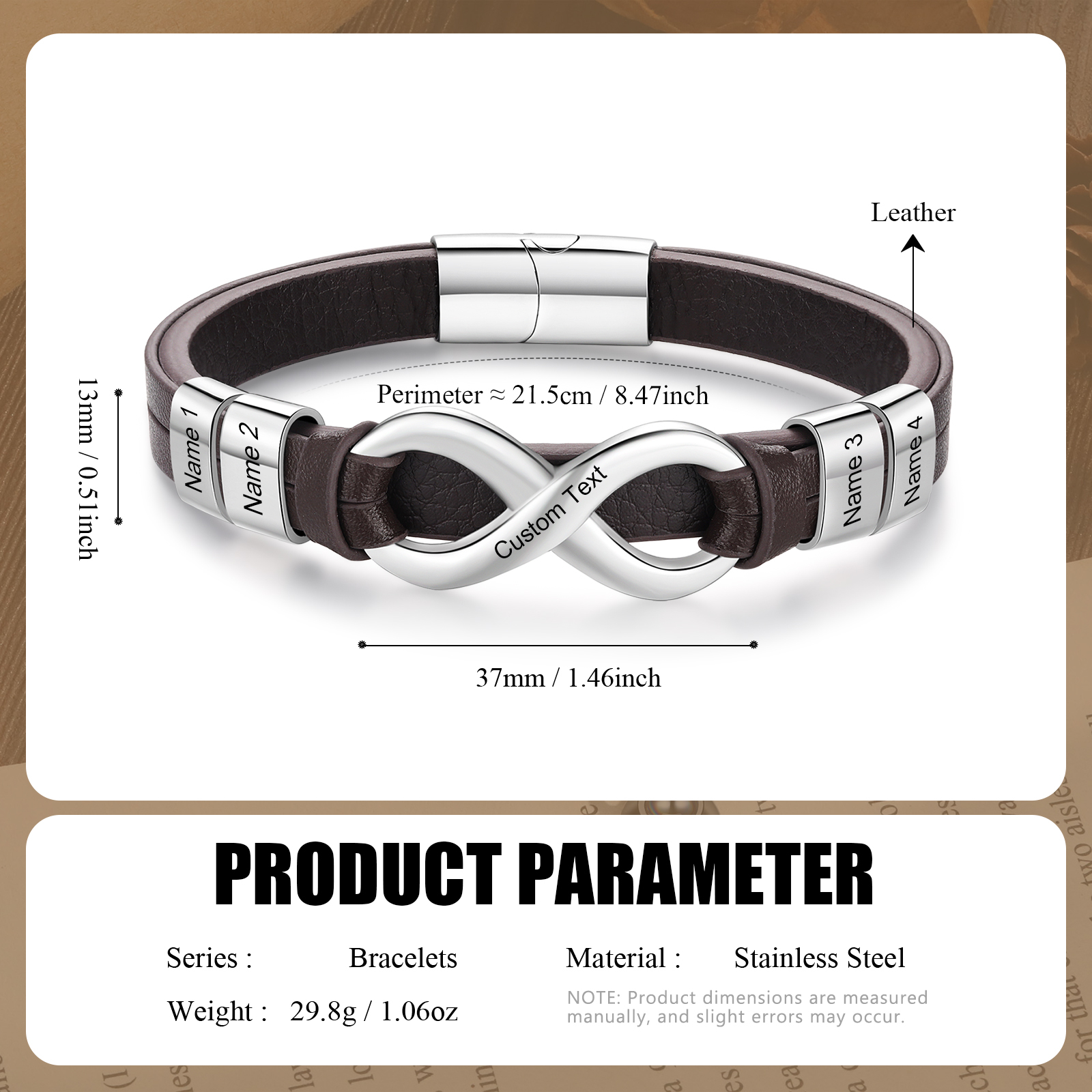 Bracelet Homme en cuir et acier inoxydable 4 Prénoms Personnalisés avec Texte Bracelet pour Homme|Jessemade