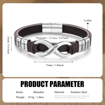 Bracelet Homme en cuir et acier inoxydable 4 Prénoms Personnalisés avec Texte Bracelet pour Homme｜Jessemade