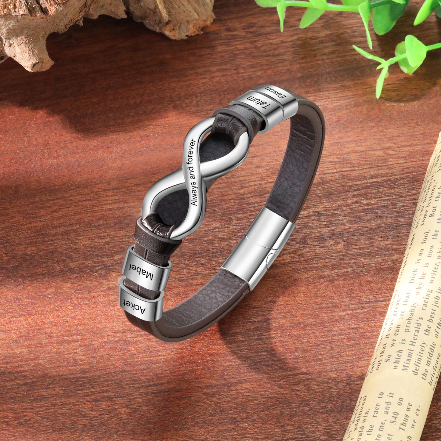 Bracelet Homme en cuir et acier inoxydable 4 Prénoms Personnalisés avec Texte Bracelet pour Homme|Jessemade