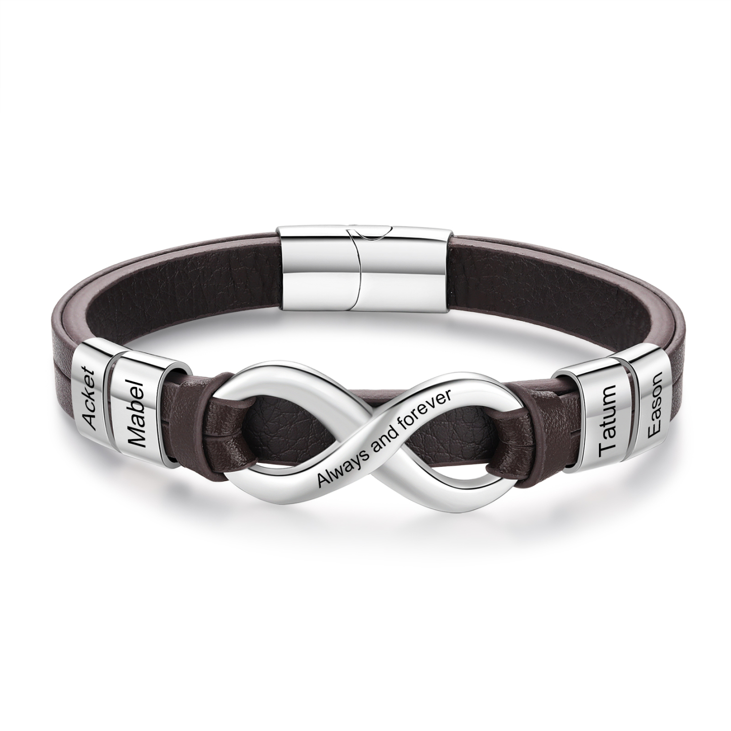 Bracelet Homme en cuir et acier inoxydable 4 Prénoms Personnalisés avec Texte Bracelet pour Homme|Jessemade
