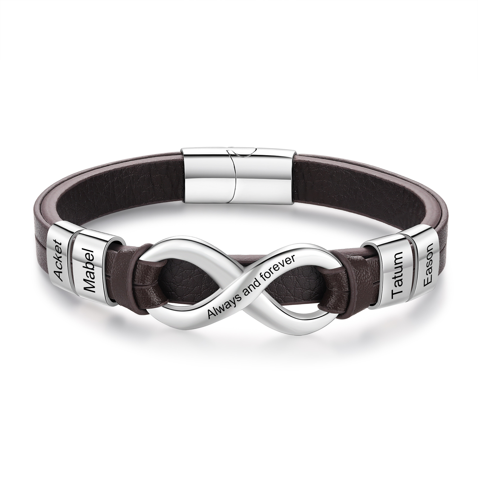Bracelet Homme en cuir et acier inoxydable 4 Prénoms Personnalisés avec Texte Bracelet pour Homme|Jessemade