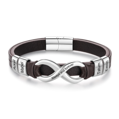 Bracelet Homme en cuir et acier inoxydable 4 Prénoms Personnalisés avec Texte Bracelet pour Homme｜Jessemade