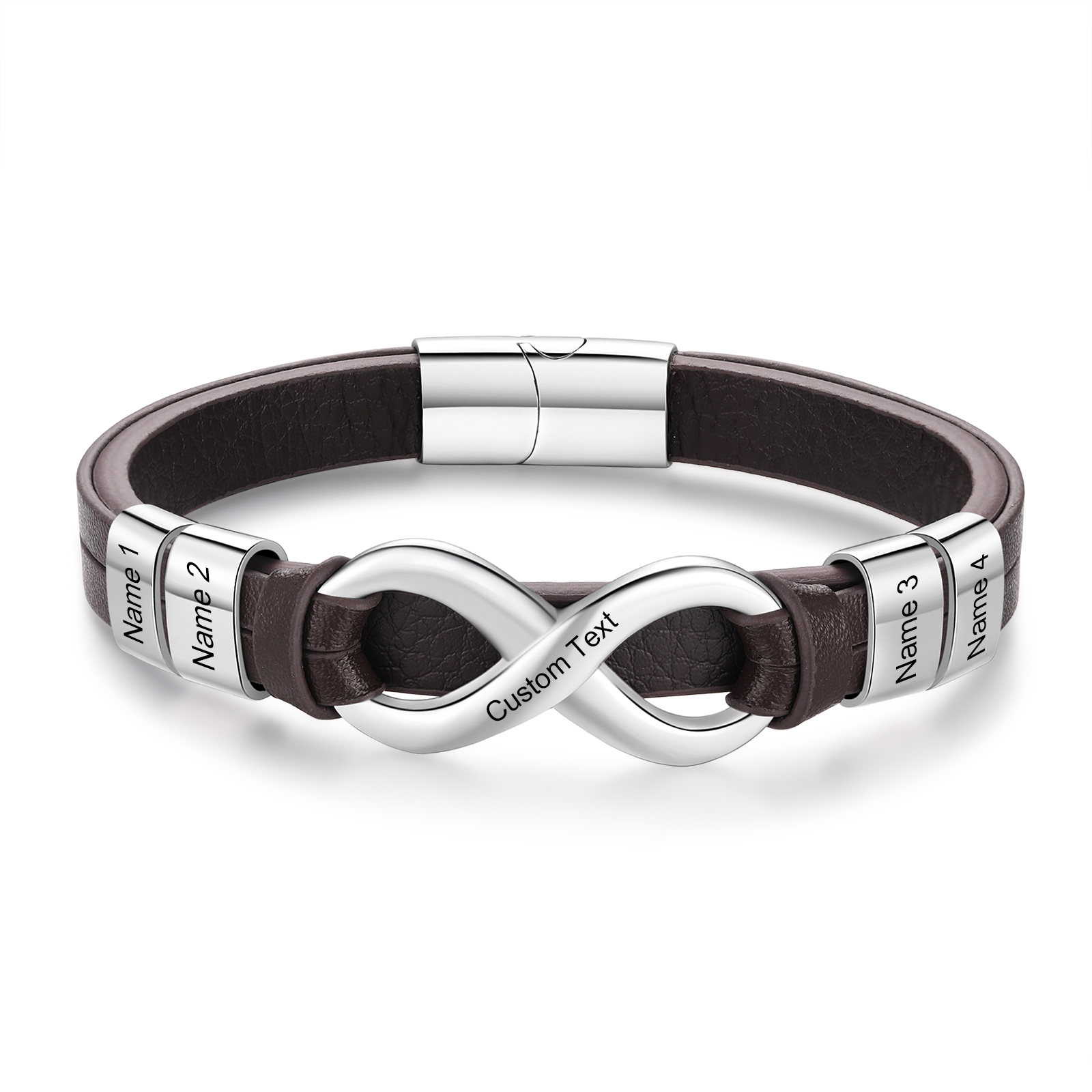 Bracelet Homme en cuir et acier inoxydable 4 Prénoms Personnalisés avec Texte Bracelet pour Homme｜Jessemade