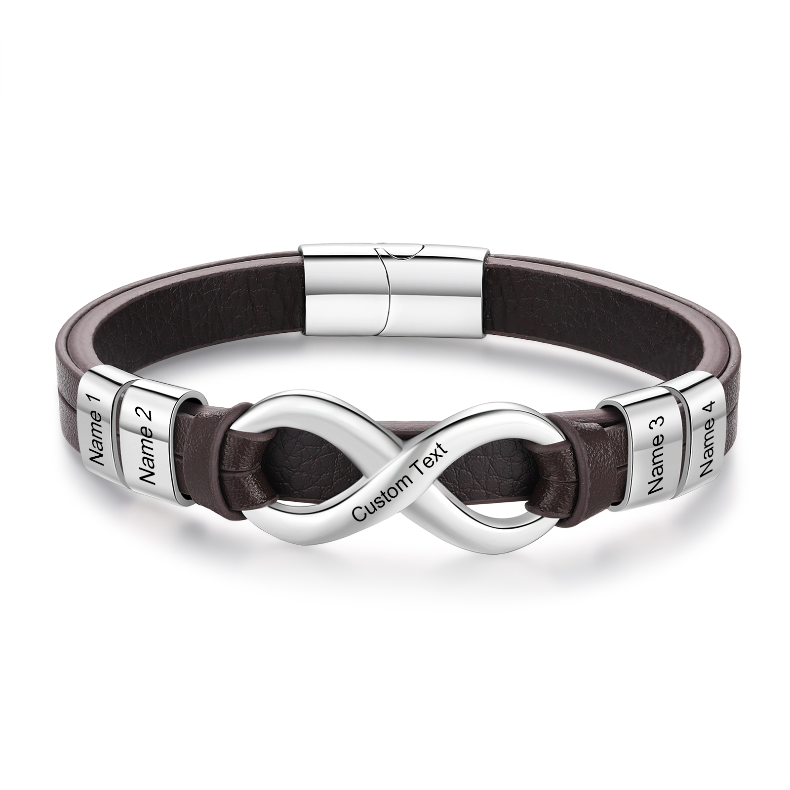 Bracelet Homme en cuir et acier inoxydable 4 Prénoms Personnalisés avec Texte Bracelet pour Homme|Jessemade
