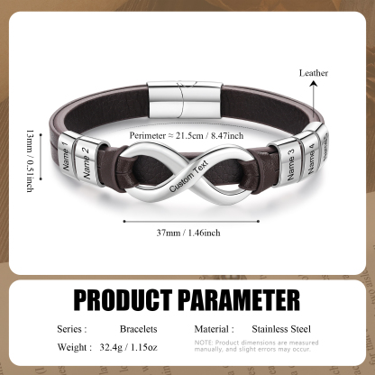 Bracelet Homme en cuir et acier inoxydable 5 Prénoms Personnalisés avec Texte Bracelet pour Homme｜Jessemade