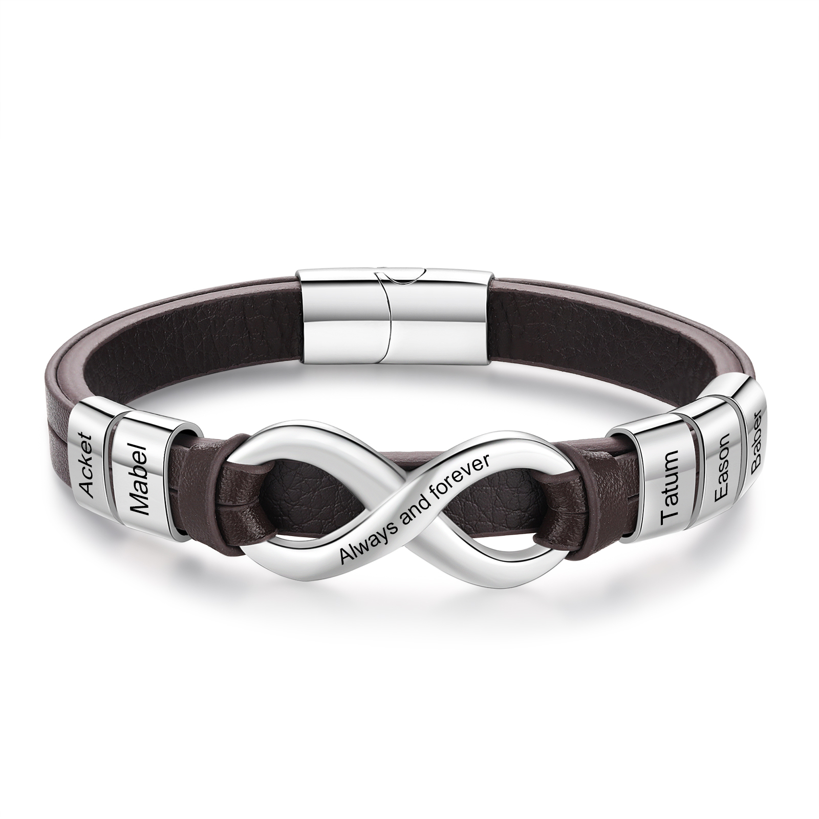 Bracelet personnalisé homme 5 prénoms cuir – Bijou infini gravé, cadeau inoubliable | Jessemade