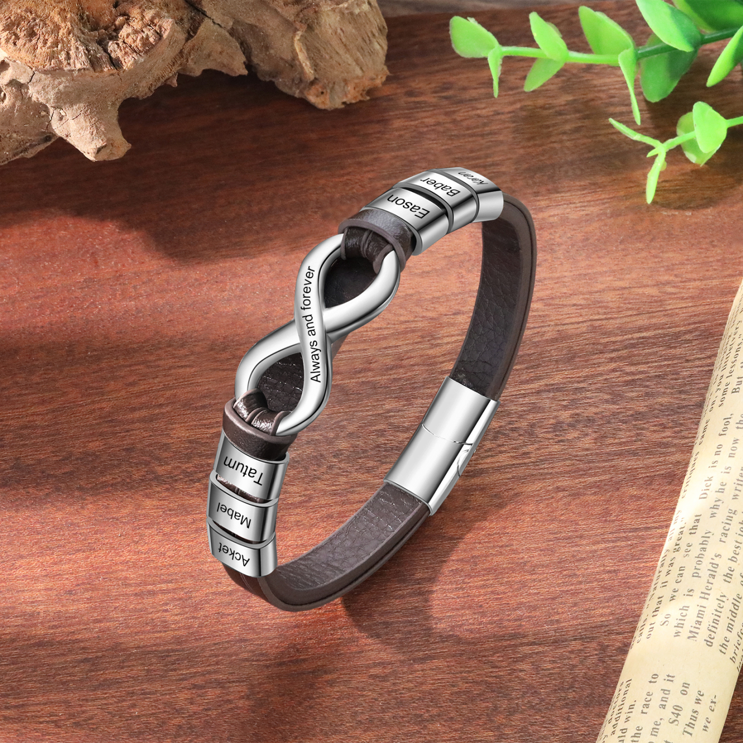 Bracelet Homme en cuir et acier inoxydable 6 Prénoms Personnalisés avec Texte Bracelet pour Homme|Jessemade