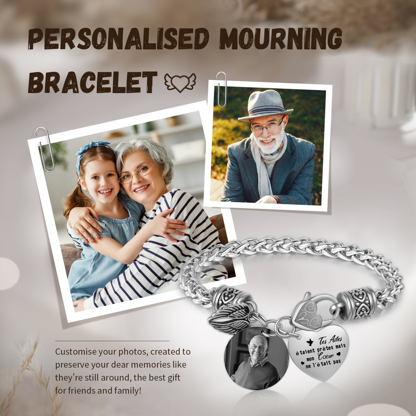 Bracelet Ailes Commémoratif en Acier Inoxydable Photo Personnalisée Bracelet Personnalisé | Jessemade
