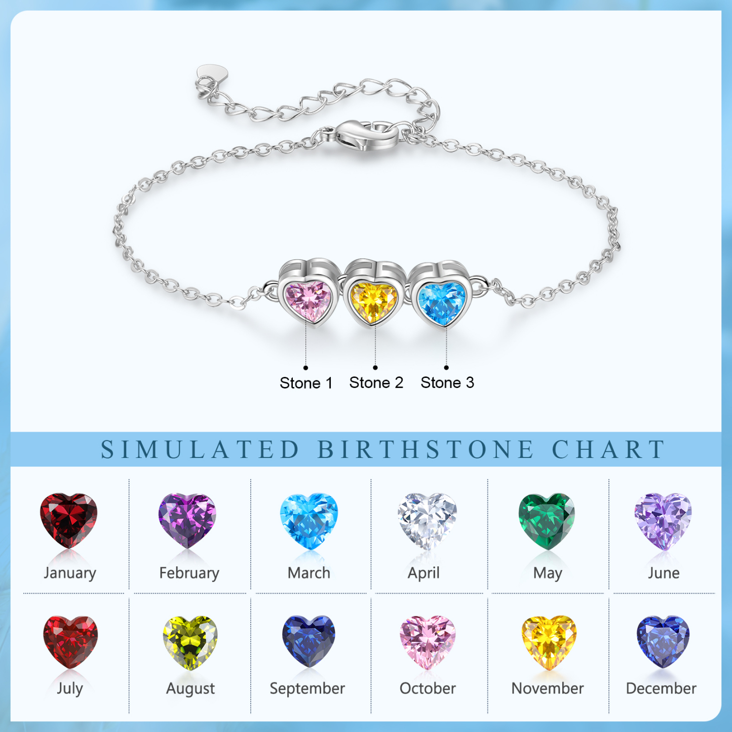 Bracelet Personnalisé avec 3 Pierres de Naissance Cœur Bracelet pour Femme | Jessemade
