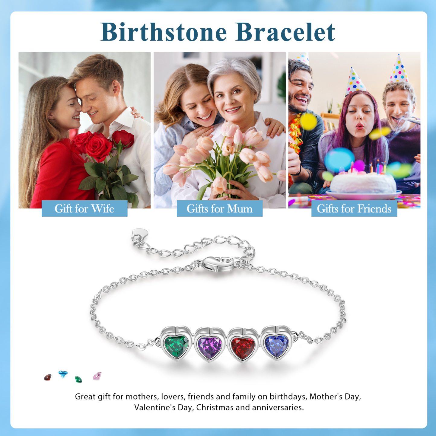 Bracelet Personnalisé avec 4 Pierres de Naissance Cœur Bracelet pour Femme | Jessemade