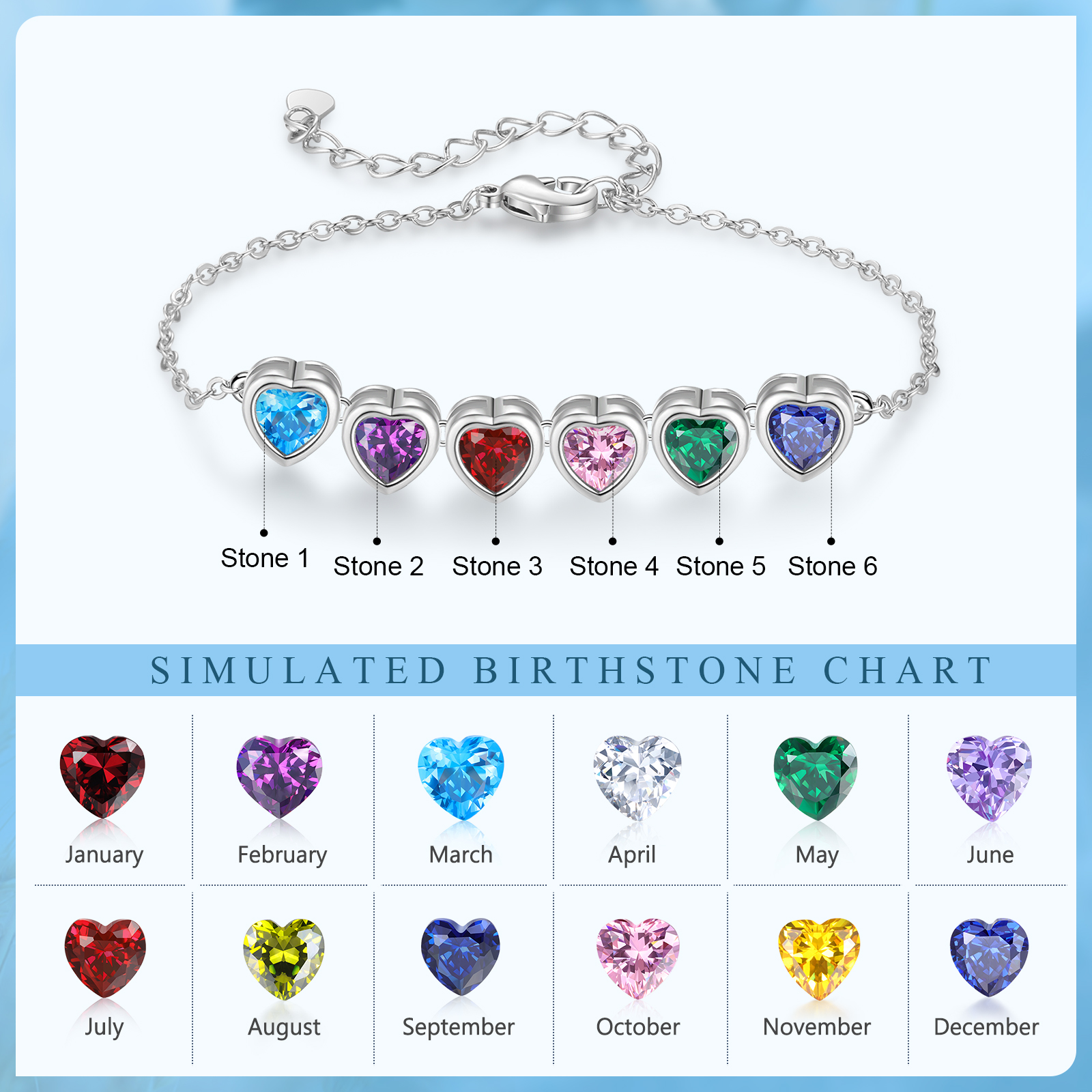 Bracelet Personnalisé avec 6 Pierres de Naissance Cœur Bracelet pour Femme | Jessemade