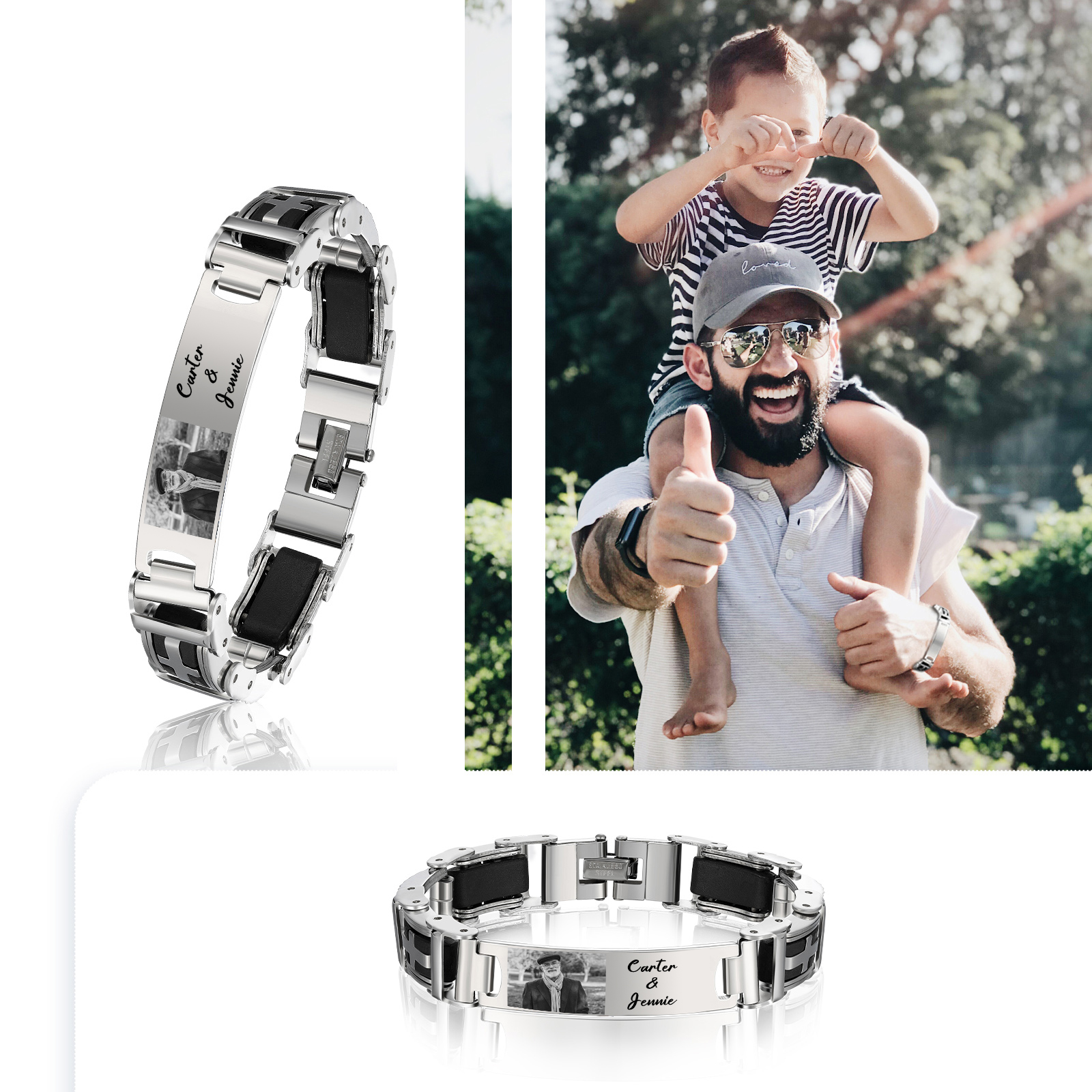 Bracelet Homme en Acier Inoxydable Photo Personnalisée avec Texte Bracelet Personnalisable Cadeau pour Homme | Jessemade