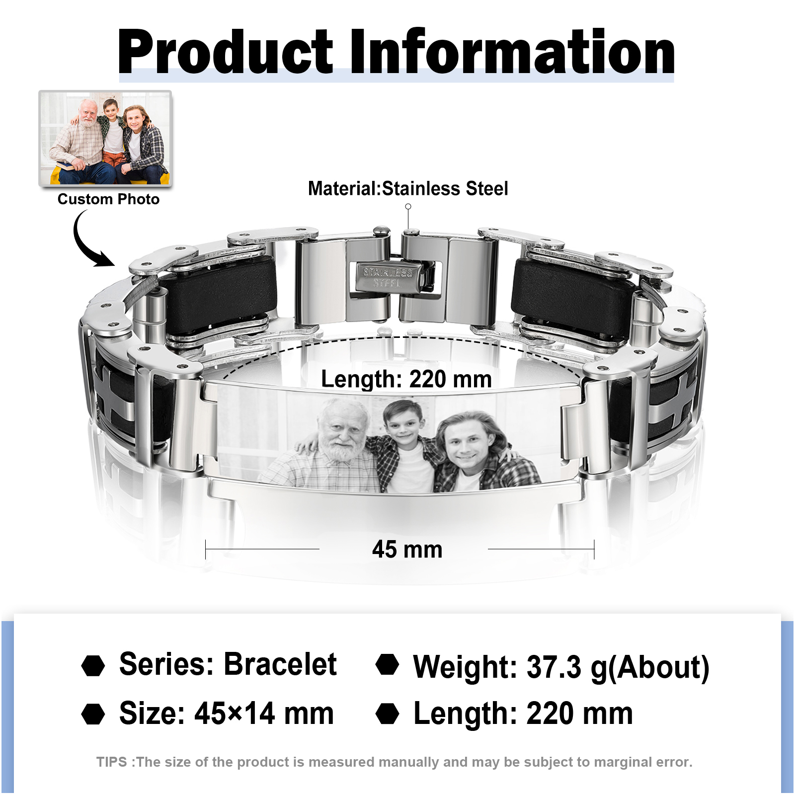 Bracelet Homme en Acier Inoxydable Personnalisé avec Photo Bracelet Personnalisable Cadeau pour Homme | Jessemade