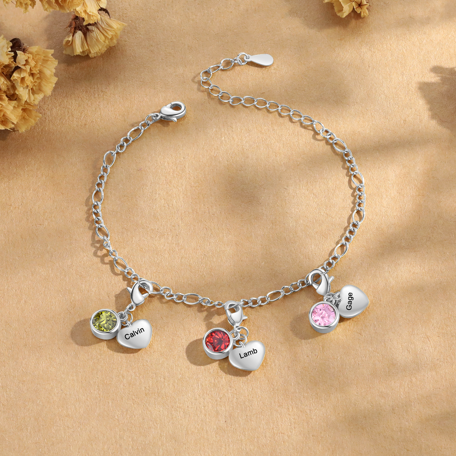 Bracelet Personnalisé avec 3 Prénoms et 3 Pierres de Naissance Bracelet Femme en Argent/Or Cadeau pour Femme | Jessemade