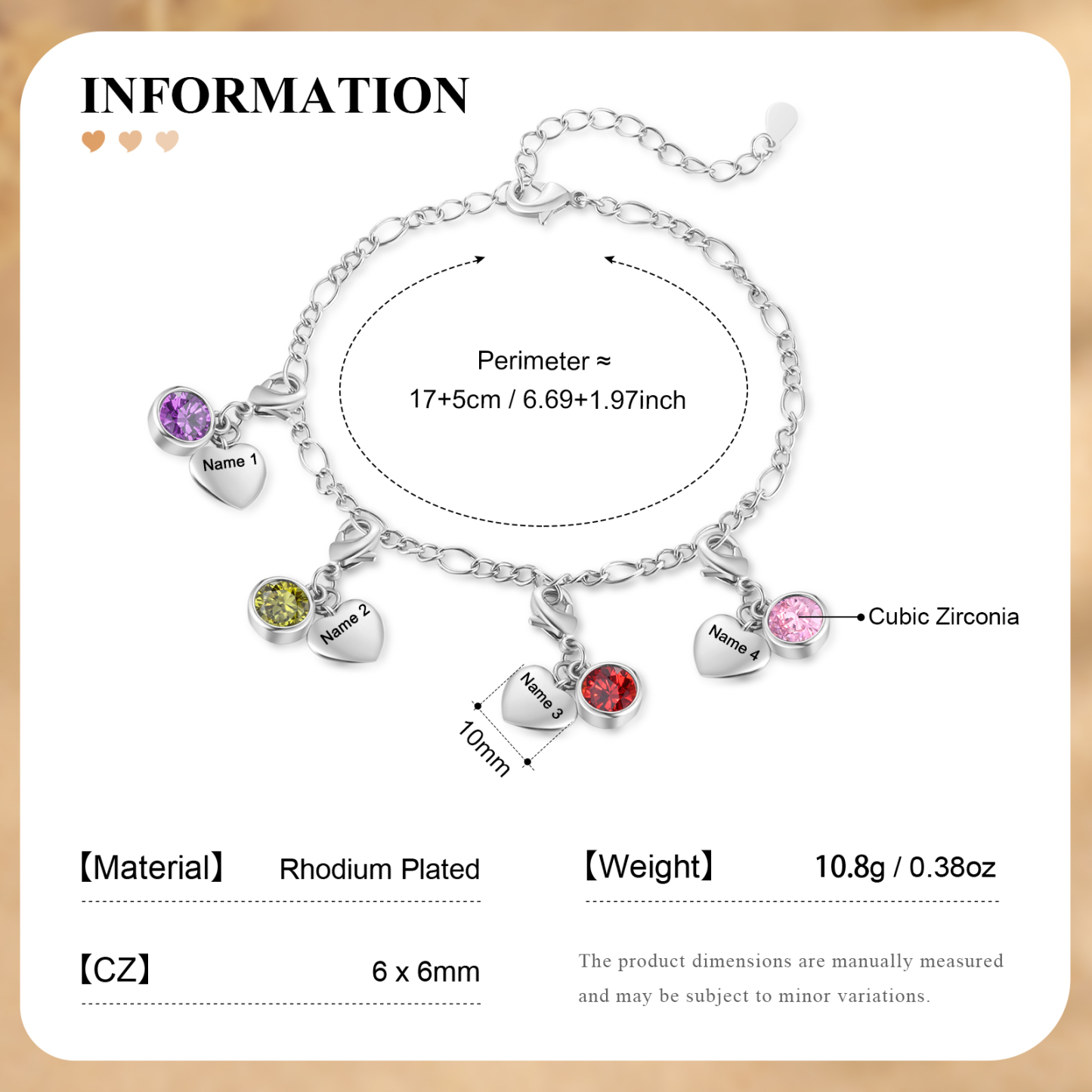 Bracelet Personnalisé avec 4 Prénoms et 4 Pierres de Naissance Bracelet Femme en Argent/Or Cadeau pour Femme | Jessemade