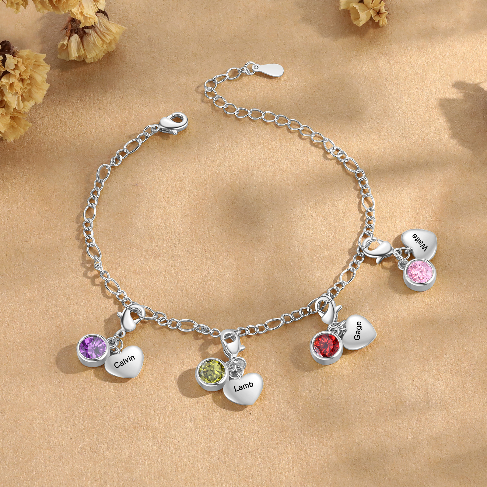 Bracelet Personnalisé avec 4 Prénoms et 4 Pierres de Naissance Bracelet Femme en Argent/Or Cadeau pour Femme | Jessemade