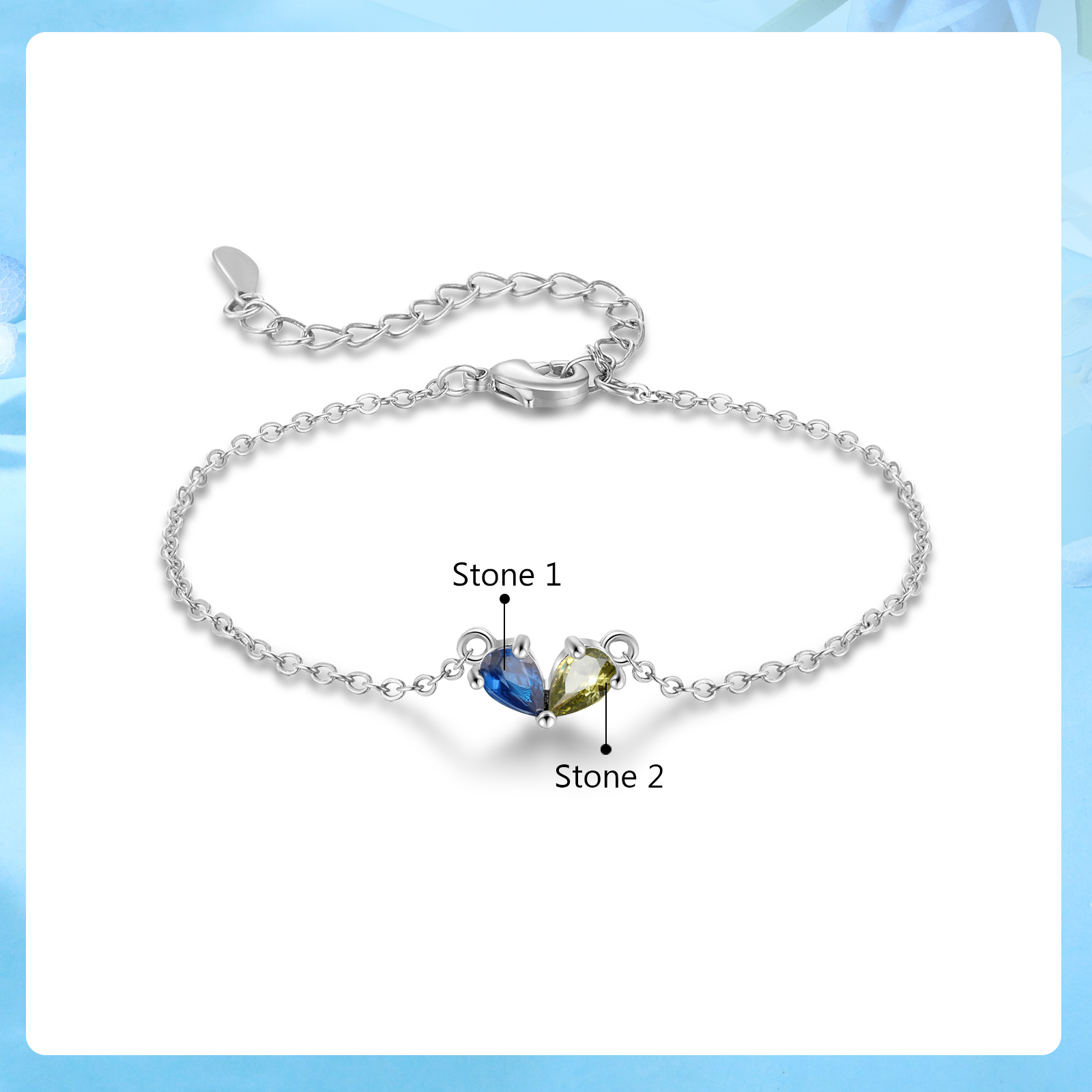 Bracelet Personnalisé avec 2 Pierres de Naissance Cœur Bracelet pour Femme | Jessemade