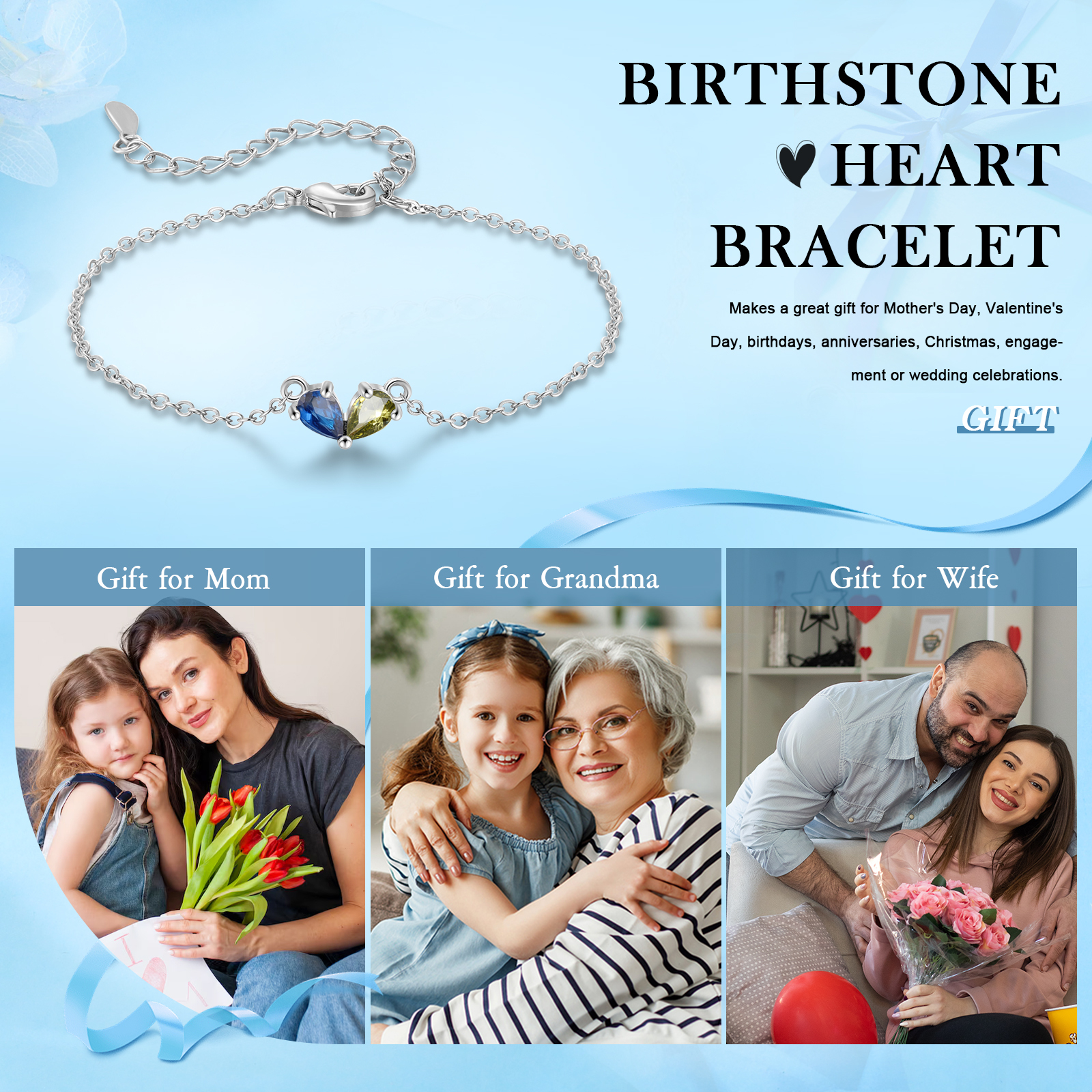 Bracelet Personnalisé avec 2 Pierres de Naissance Cœur Bracelet pour Femme | Jessemade