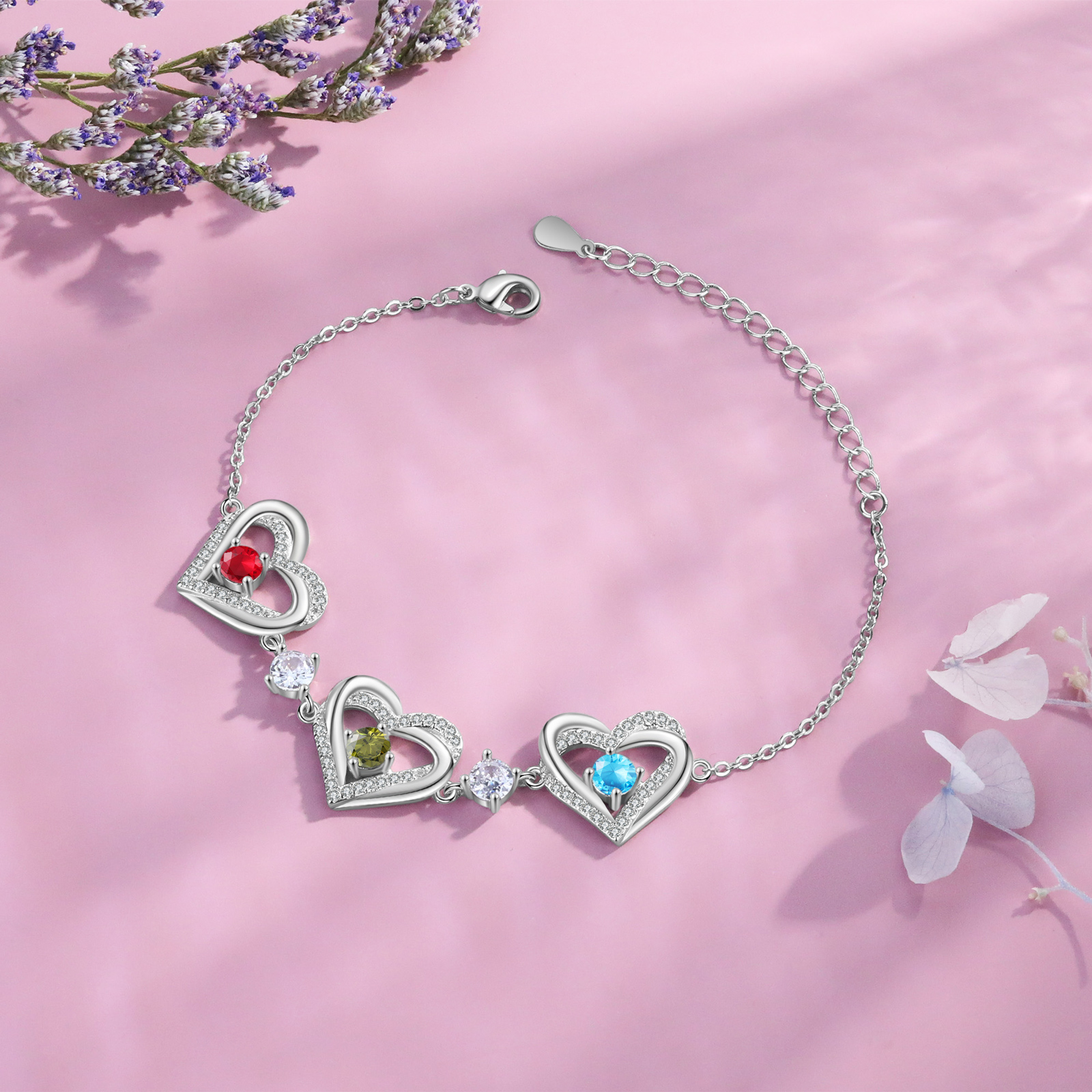 Bracelet Coeur Personnalisé avec 3 Pierres de Naissance Bracelet Infini Personalisable pour Femme | Jessemade