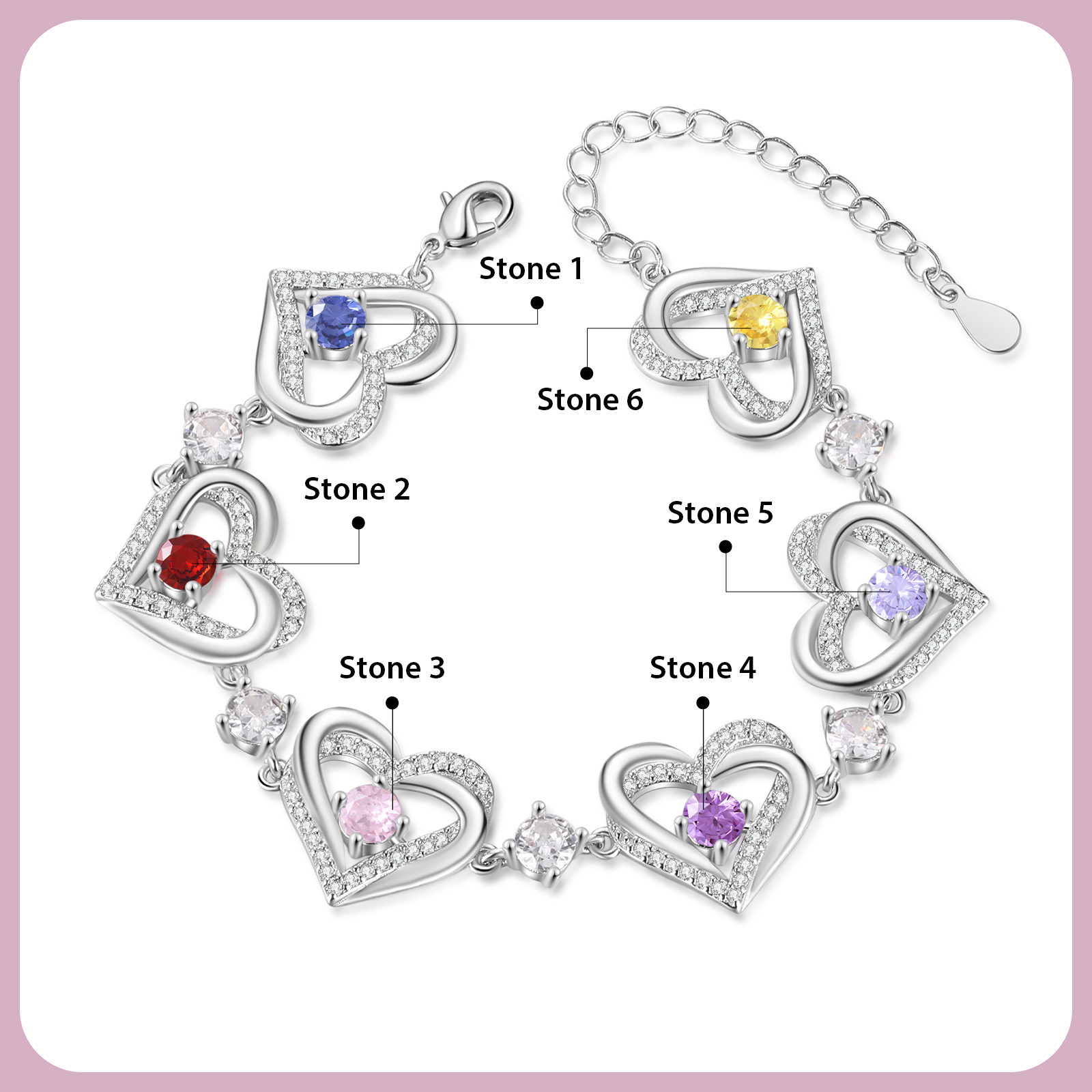Bracelet Coeur Personnalisé avec 2-6 Pierres de Naissance Bracelet Infini Personalisable pour Femme | Jessemade