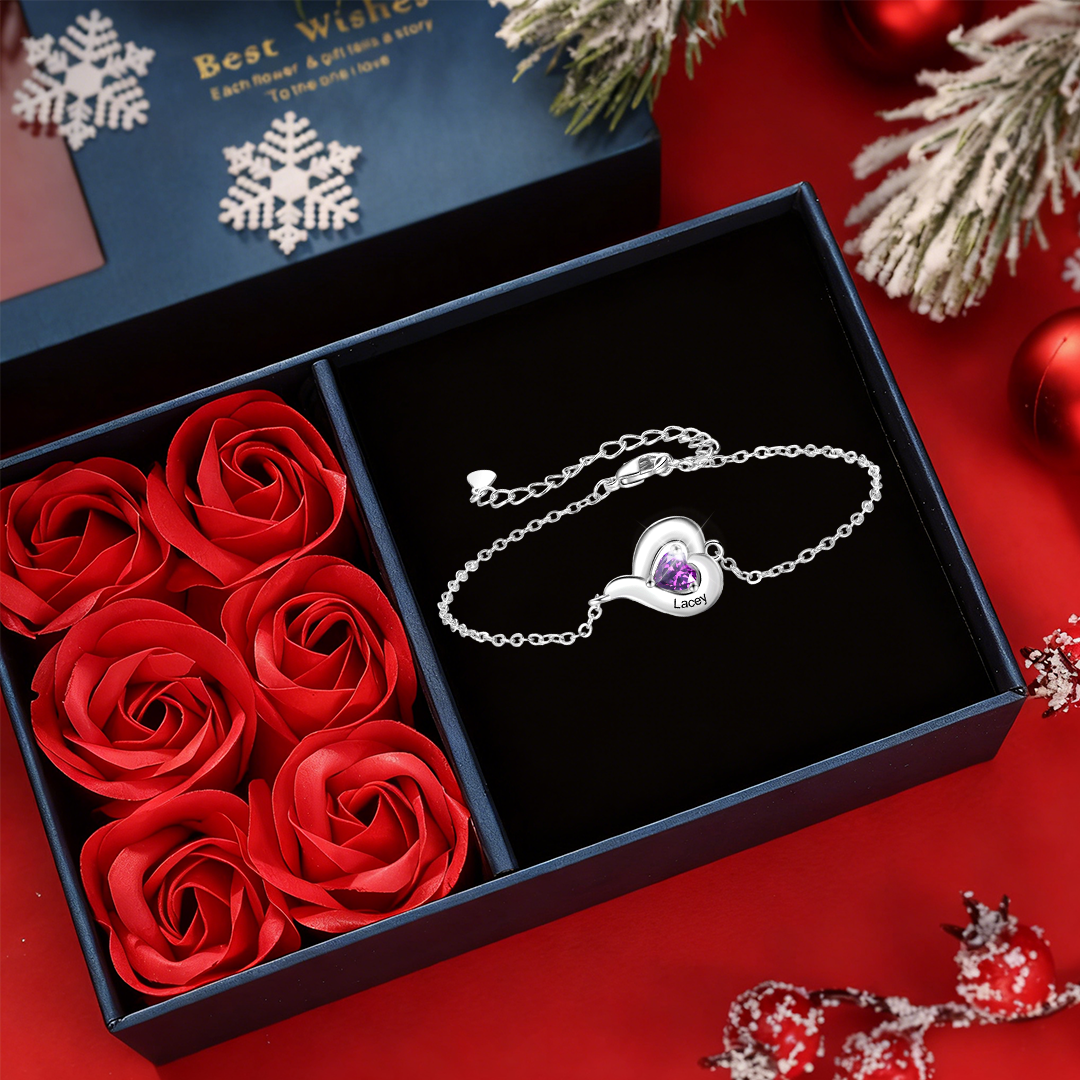 Bracelet Personnalisé avec 1 à 5 Prénoms et Pierre de naissance en forme de Cœur