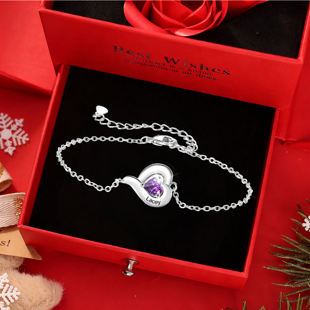 Bracelet Personnalisé avec 1 à 5 Prénoms et Pierre de naissance en forme de Cœur